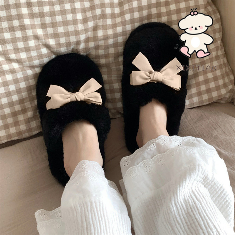 Xitiao ฤดูใบไม้ร่วงฤดูหนาวรองเท้าแตะผ้าฝ้ายสไตล์ใหม่ Plush Sweet Bowknot สุภาพสตรีในร่ม Casual Warm