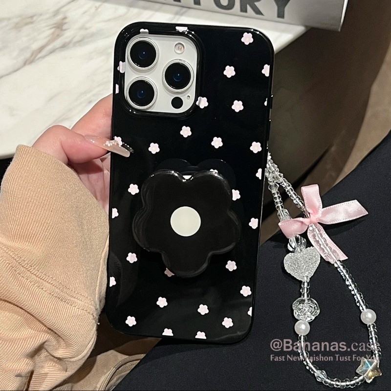 IPhone 17 16 15 14 13 12 11 Pro Max X Xr Xs Max 7 8 Plus SE2020 เคสโทรศัพท์น่ารักดอกไม้สีขาว + ขาตั้ง + Lanyard Soft Cover