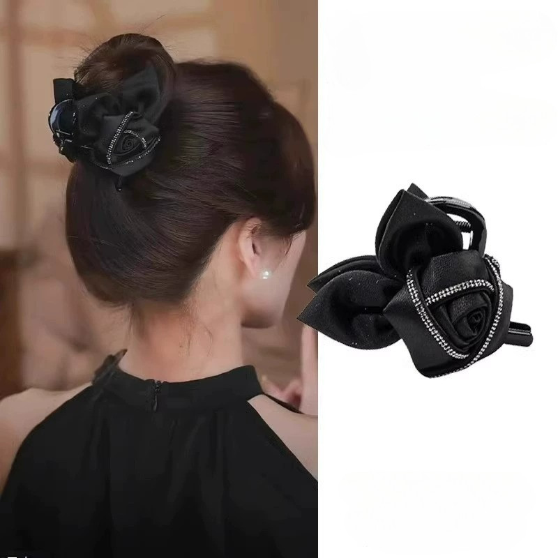 กิ๊บดอกกุหลาบสีดําแฟชั่นเกาหลี พลอยเทียม กิ๊บติดผมเครื่องประดับผมสําหรับผู้หญิงที่สง่างาม