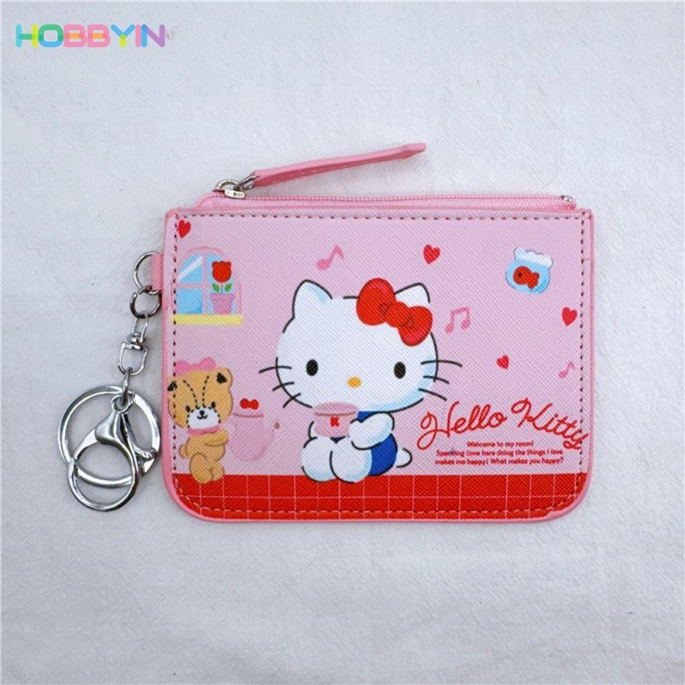 HOBBYIN Slim Wallet, Sanrio พร้อมที่ใส่บัตรพวงกุญแจ, กระเป๋าใส่เหรียญหนัง PU ป้องกันการสูญหายน่ารัก