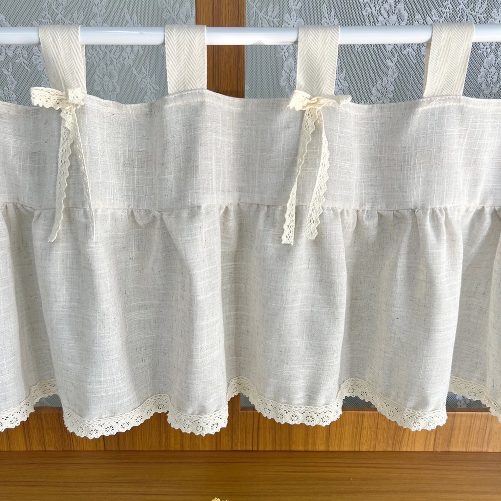 การออกแบบบ้านไร่ Boho Sheer ผ้าม่านสั้น Ruffled ห้องครัว Valance สําหรับ Cafe หน้าต่างขนาดเล็กผ้าลินินดู Bohemian Neutral ผ้าม่าน Topper Tab Top - รูปที่ 3