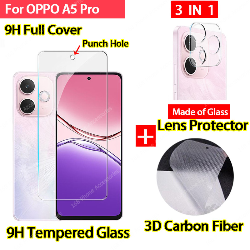 OPPO A5 Pro 5G ฟิล์มกระจกกระจกนิรภัยฟิล์มกันรอยหน้าจอกล้องเลนส์ป้องกันเต็มรูปแบบหน้าจอเคลือบความเป็นส่วนตัวกระจก 3 In 1 คาร์บอนไฟเบอร์ฟิล์มด้านหลัง