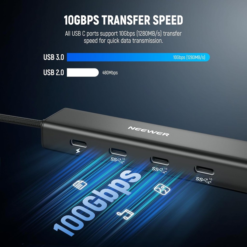 Neewer PS020E 4 In 1 USB C Hub 3.1 Gen2 100W PD พร้อมอะแดปเตอร์รองเท้าเย็น