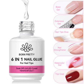 Born PRETTY 6 In 1 เล็บกาวกดบนเล็บกาว Blooms เจลเสริมสร้างฐานขยาย Top Coat Function เคลือบเงา 15ml