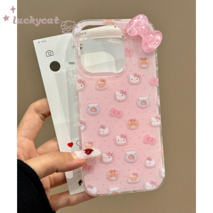 Iphone 16 15 14 13 12 11 Pro Max X Xr Xs Max 7 8 Plus SE2020 เคสโทรศัพท์น่ารักหวานสีชมพูโบว์ KT แมวคู่รูปแบบ Clear Soft ฝาหลัง