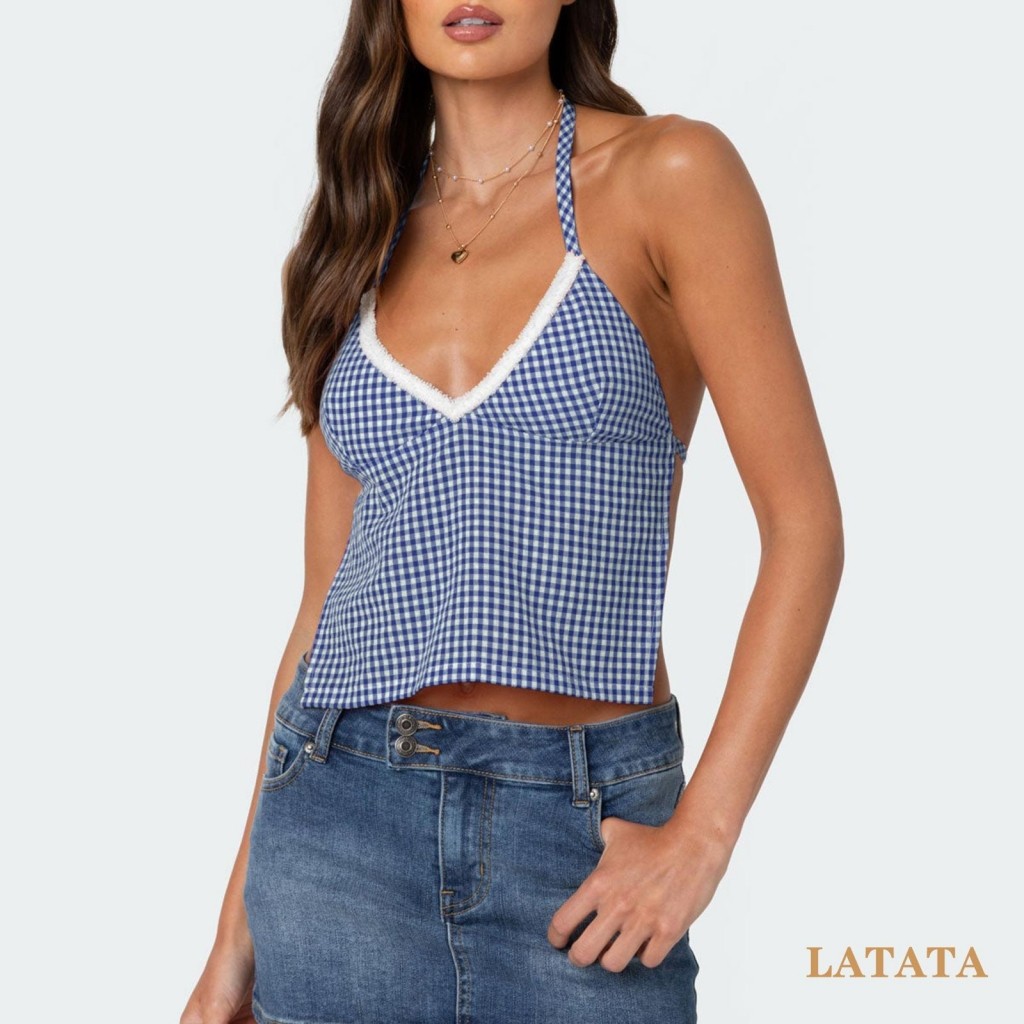 Lata-เสื้อชั้นในสตรีลายสก๊อตเปิดหลัง Lacing Terry Trim แขนกุด Sweetheart คอ Slim Fit Crop Tank Tops - รูปที่ 2