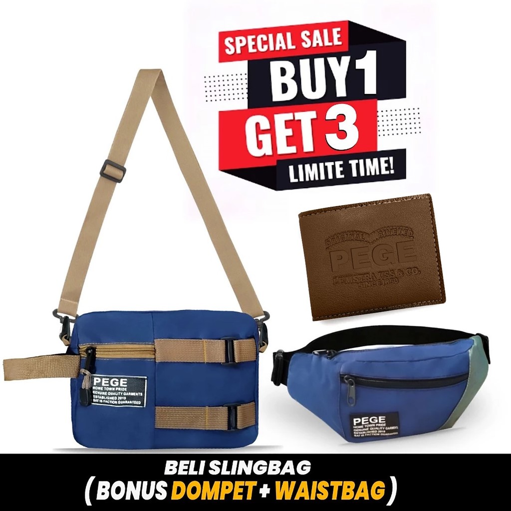 ซื้อ 1 แถม 3 PEGE กระเป๋าสะพายข้างผู้ชาย Bundling Sling Waistbag Wallet Super Saving Package - PG BU
