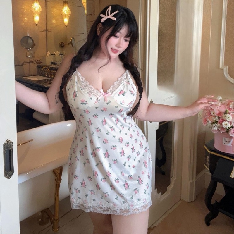 ชุดนอนน่ารักสาวอวบอ้วน ลายดอกไม้ ชุดนอนสายเดี่ยว