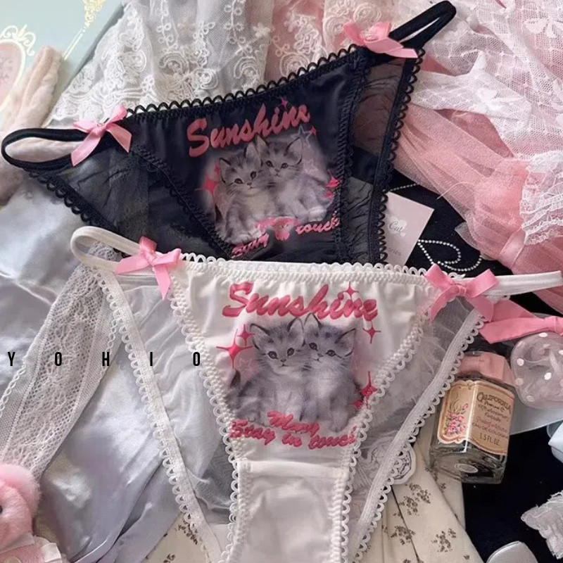 ผู้หญิงฝรั่งเศสแมวน่ารักลายการ์ตูนนักเรียนสาวชุดชั้นในที่สะดวกสบาย