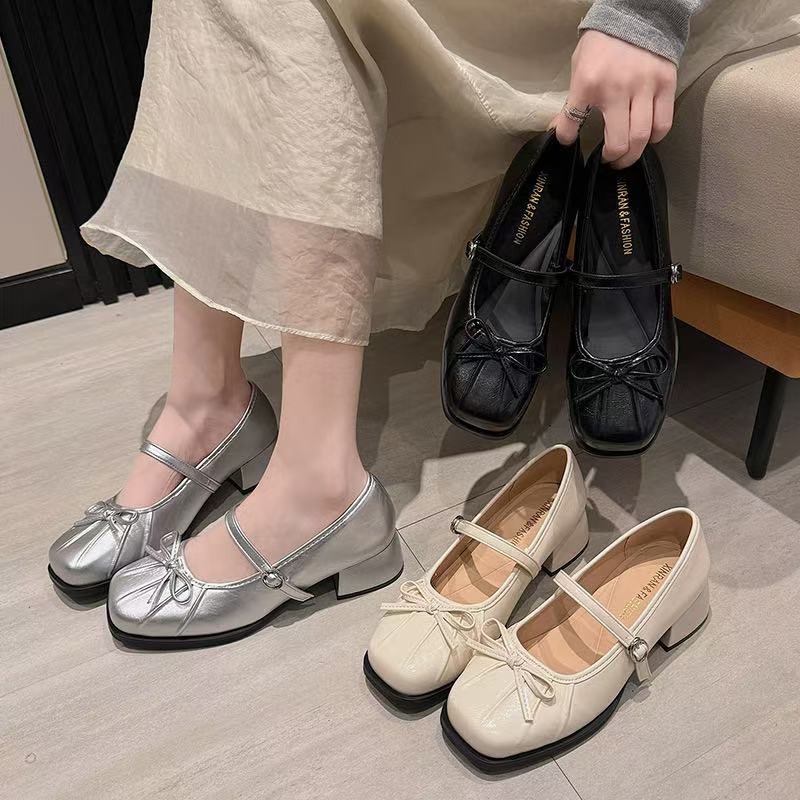 One for all พร้อมส่งจากไทย TX646 รองเท้าแมรี่เจน โบว์ฝรั่งเศส หนา1.5นิ้ว สำหรับผู้หญิง