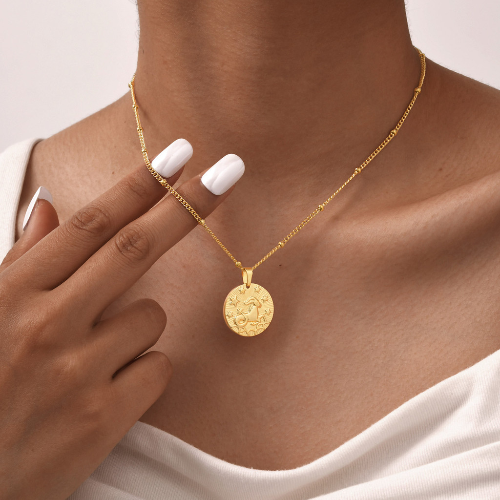 Meaeguet 18K Gold 12 Constellation เหรียญจี้สร้อยคอ,ส่วนบุคคล Letterable สร้อยคอด้านหลังสแตนเลสปุ่มส