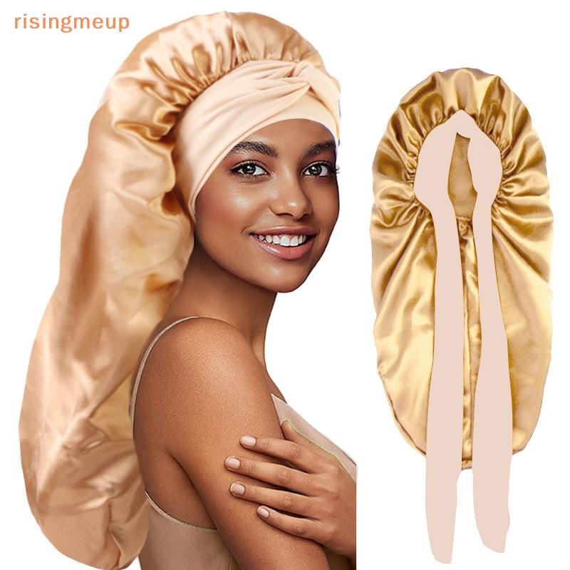 [risingmeup] ผู้หญิงยาวขนาดใหญ่ยืดหยุ่นซาติน Bonnet นอนหลับด้วยริบบิ้น Breathable Sleeping Turban Sleep Headwear s ใหม่
