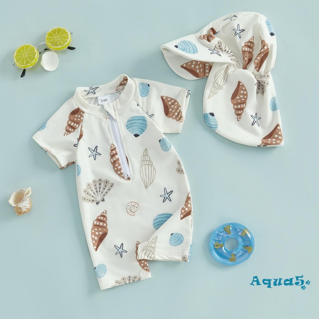 Aqq-toddler Boys Rash Guard ชุดว่ายน้ํา Playsuits Seashell พิมพ์ซิปแขนสั้น Sun Protection ชุดว่ายน้ําพร้อมหมวกว่ายน้ําชุด
