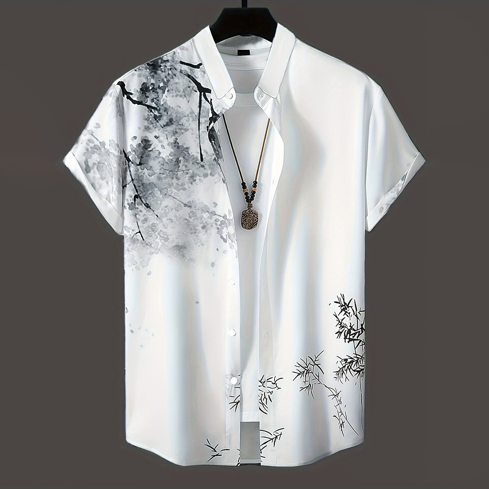 2025 เสื้อเชิ้ตแขนสั้นผู้ชายใหม่แฟชั่นฤดูร้อนพิมพ์ลายดอกไม้เสื้อเชิ้ตติดกระดุมวันหยุดลําลองเสื้อคอวีด้านบน