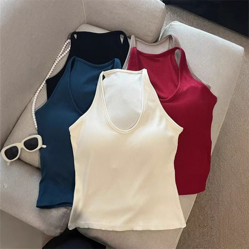 สีทึบคอแขวนคอเสื้อกั๊กผู้หญิงสั้นด้านบนที่มีเบาะหน้าอก