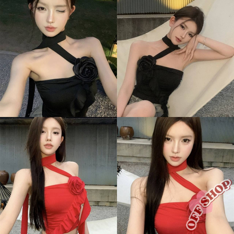 OFF SHOP 🥻ใหม่ 2025 เสื้อเกาะอก สีดำแดง แต่งสายคล้องคอเพิ่ม' FY2570#1