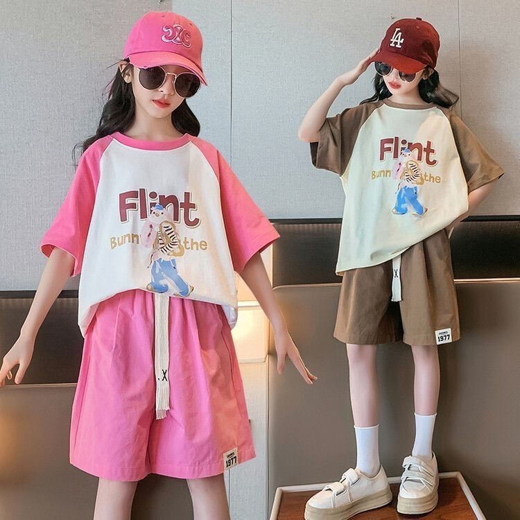 ชุดกีฬา เสื้อแขนสั้น กางเกงขาสั้น สองชิ้น แฟชั่นฤดูร้อน สําหรับเด็กผู้หญิง