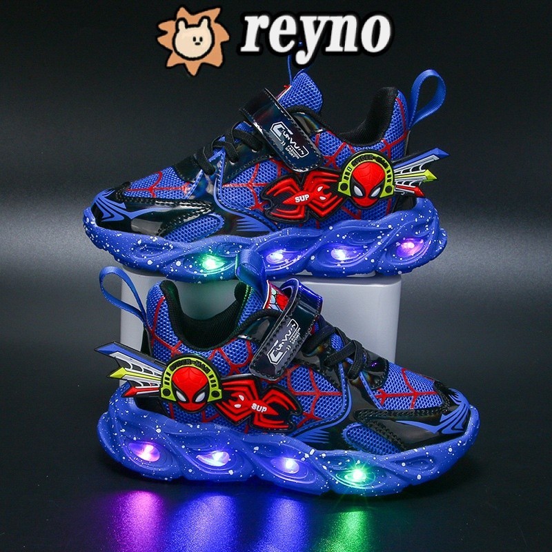 Reyno รองเท้าผ้าใบลําลอง มีไฟ Led ลายการ์ตูนสไปเดอร์แมน ระบายอากาศ เหมาะกับการวิ่ง เล่นกีฬา สําหรับเด็กผู้ชาย และเด็กผู้หญิง