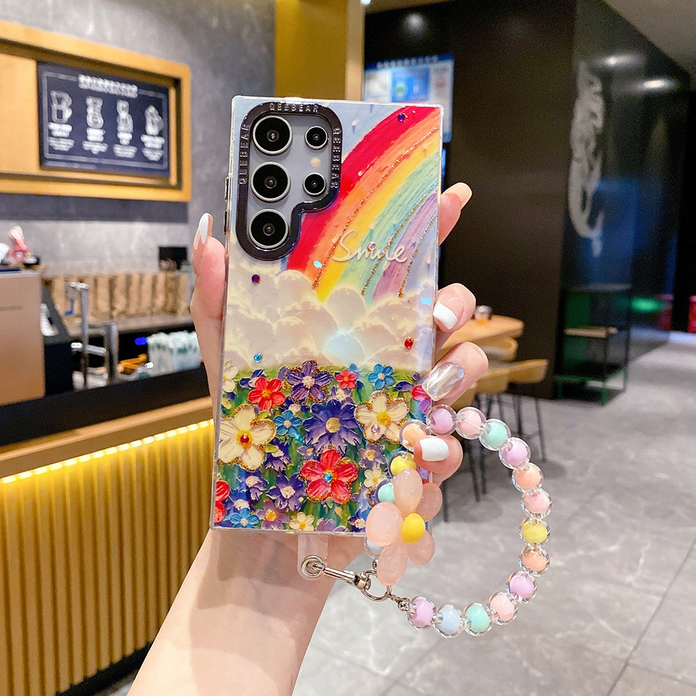 เคสโทรศัพท์มือถือ ซิลิโคนนิ่ม TPU กันกระแทก ลายภาพวาดสีน้ํามัน รูปผีเสื้อ ดอกไม้ พร้อมสายคล้อง และคลิปหนีบ สําหรับ Samsung Galaxy S24 S23 Ultra S23 Plus S24Plus S23Ultra