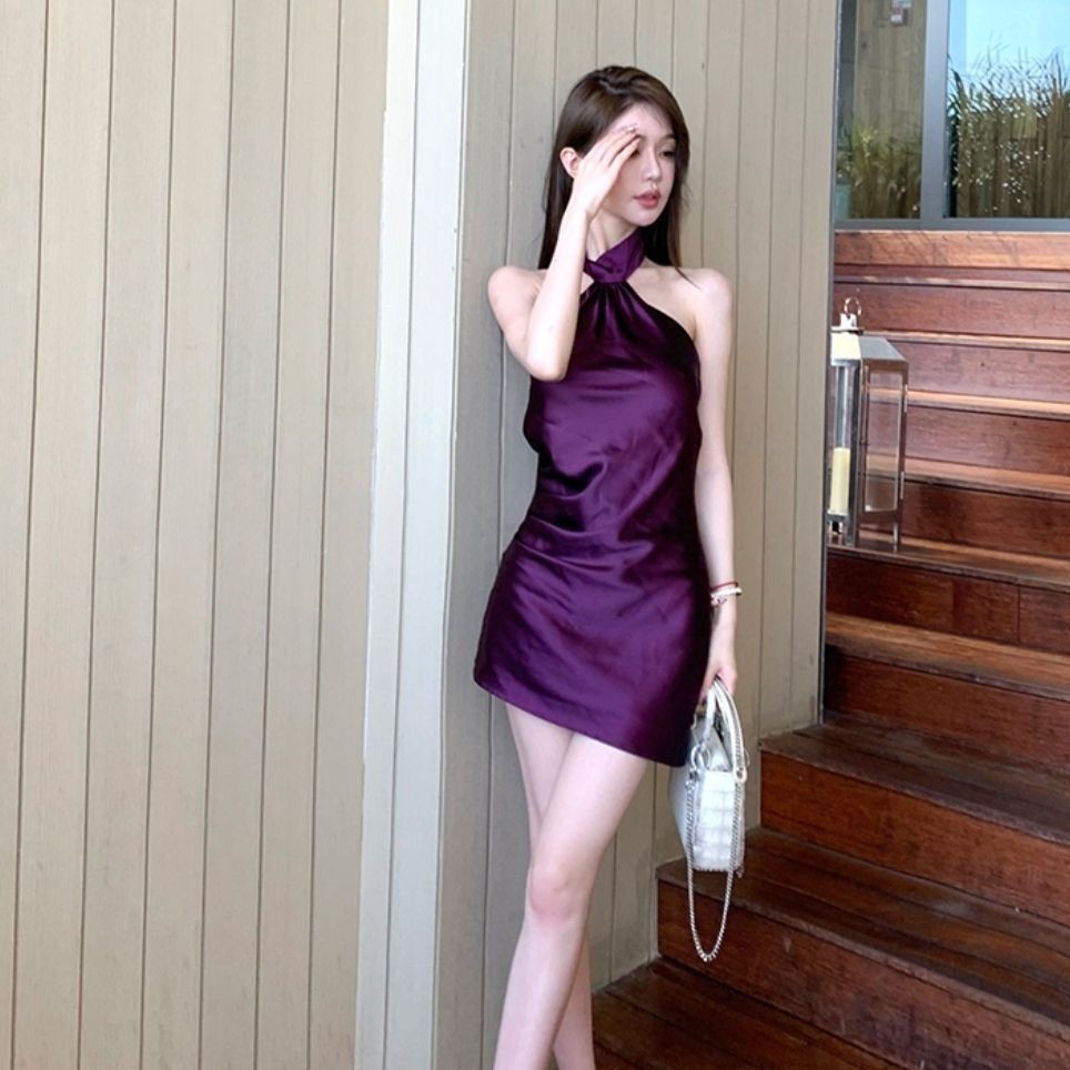 Yujie ชุดเดรสกระโปรงพลีท เกาะอก เอวแคบ เข้ารูป สีม่วง แฟชั่นฤดูใบไม้ผลิ ฤดูร้อน สําหรับสตรี