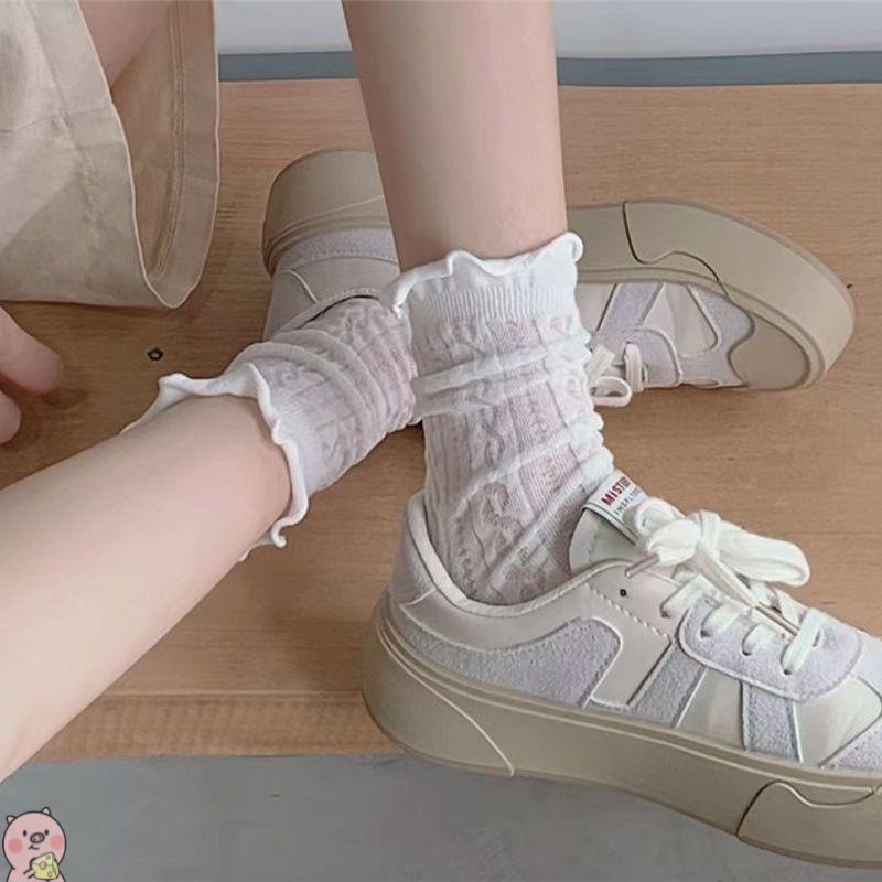 พร้อมส่งในไทย ถุงเท้ายาวสีทึบสไตล์ญี่ปุ่นวิทยาลัยบางเฉียบระบายอากาศได้นุ่มสบาย