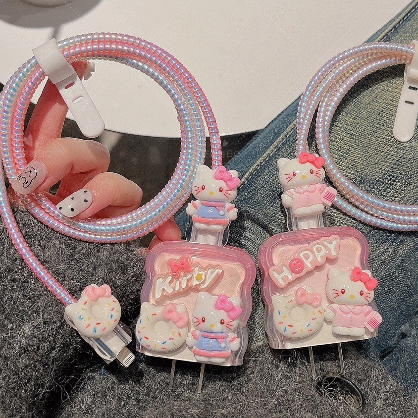 Cute Kitty Cat 18w/20w Charger Protector Set Charger Case Cable Protector สําหรับ iPhone11 12 13 14p