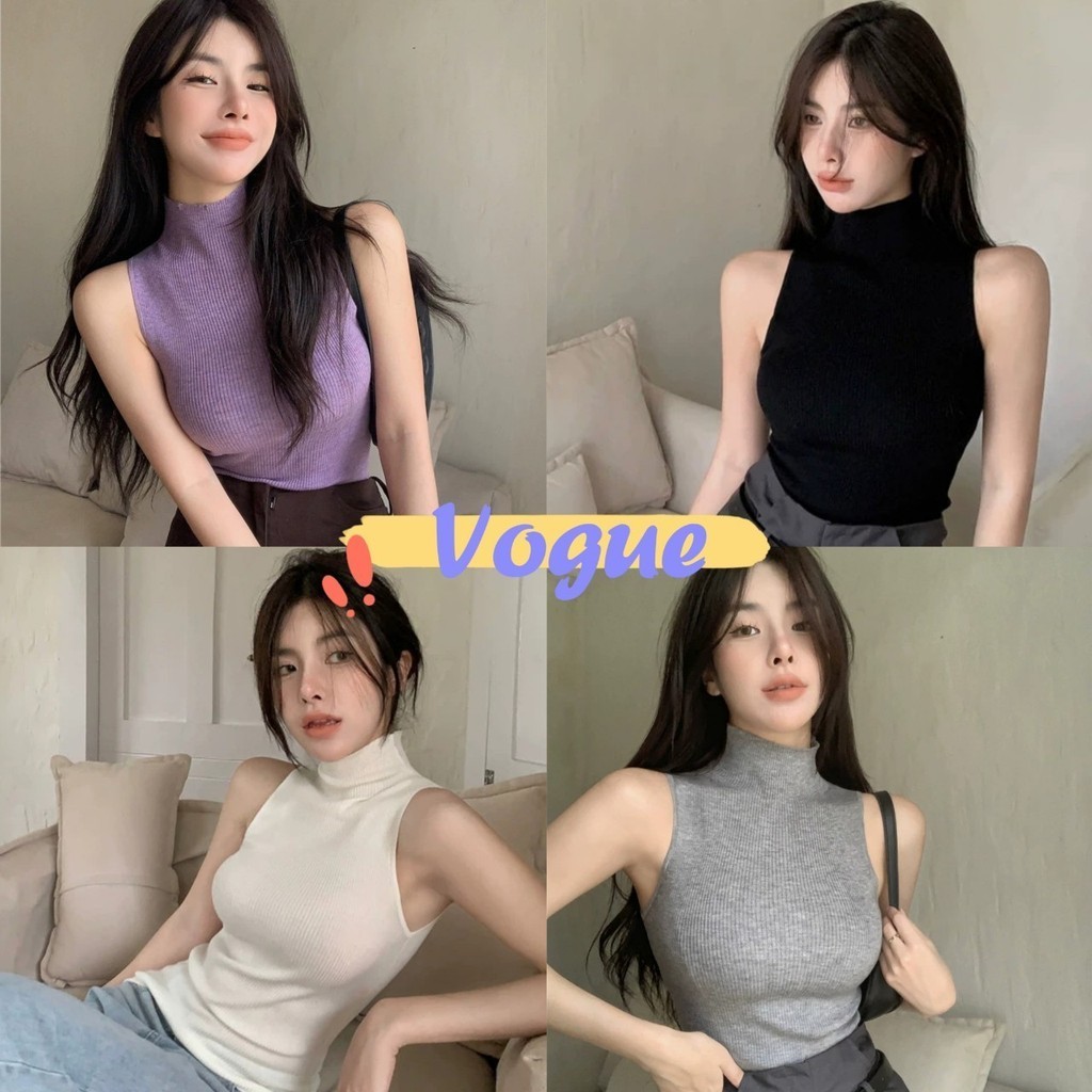 Vogue🌟พร้อมส่ง🌟 เสื้อกล้ามไหมพรม คอเต่า ดีเทลผ้าร่องเล็กใส่สบาย (M058)