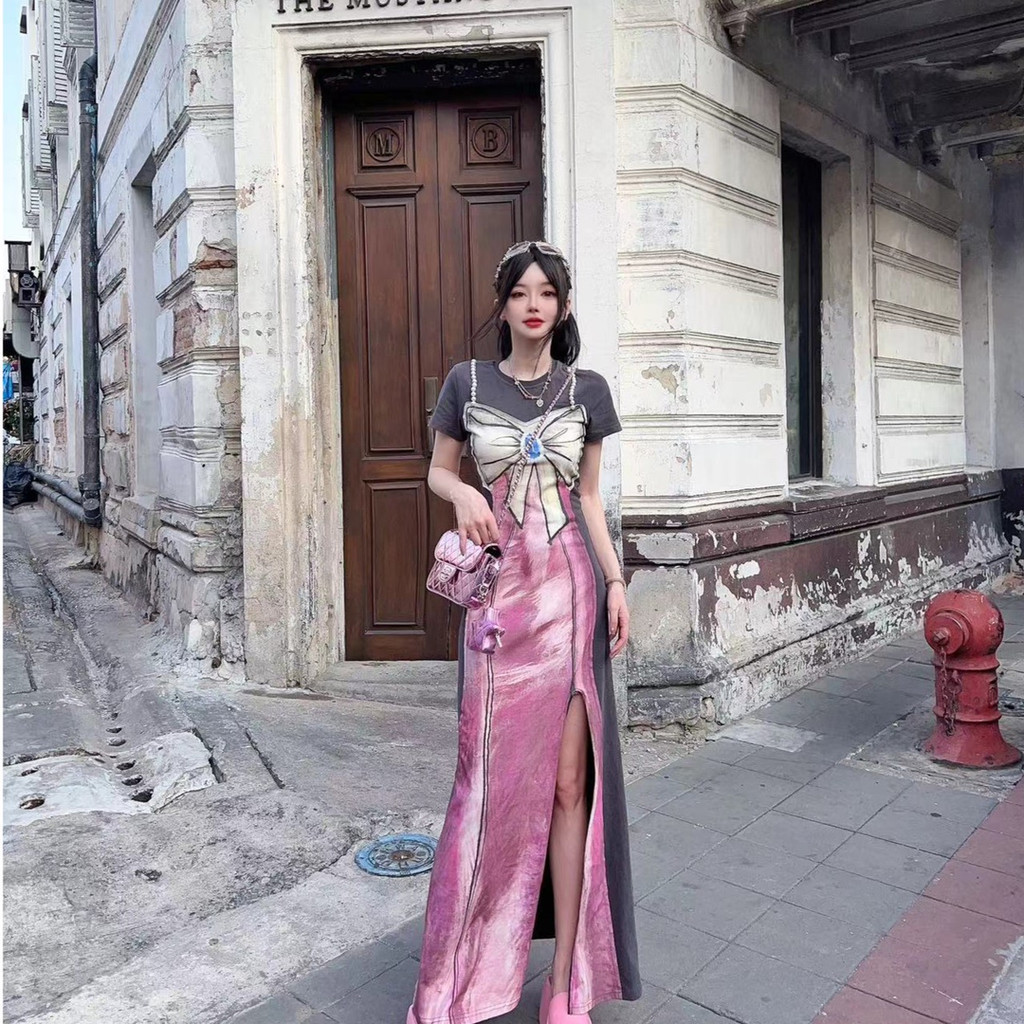 ที่ไม่ซ้ํากันสไตล์ใหม่ชุดกระโปรงยาว Retro 2024 Bow Slimmer ดูแยกสาวร้อน Chic ฤดูใบไม้ผลิกระโปรงอารมณ์ N1GO