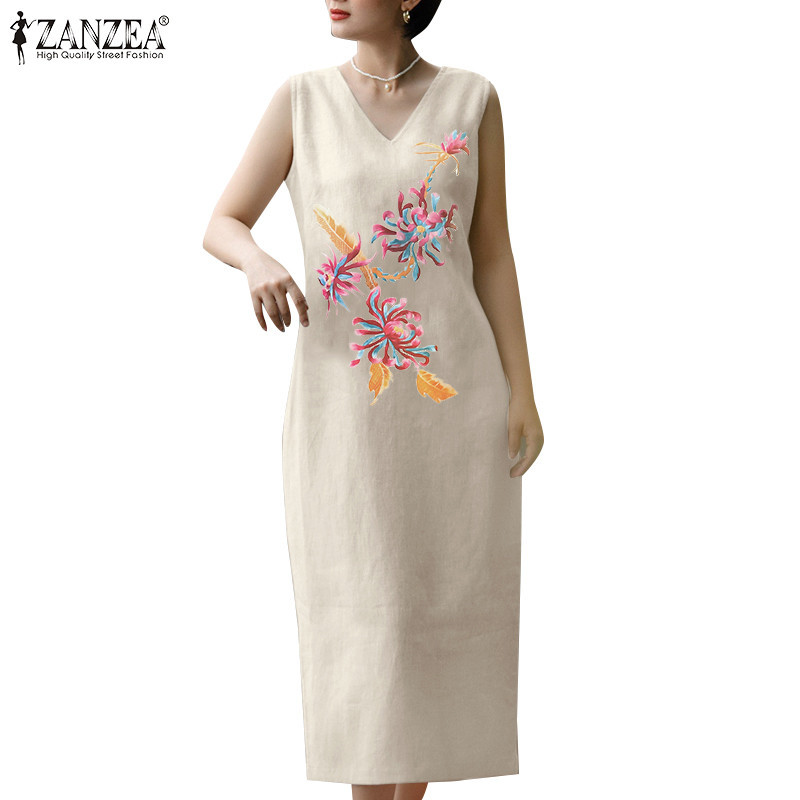 Zanzea ผู ้ หญิงเกาหลีดอกไม ้ ลําลองหลวมคอวีแขนกุดพิมพ ์ ชุด