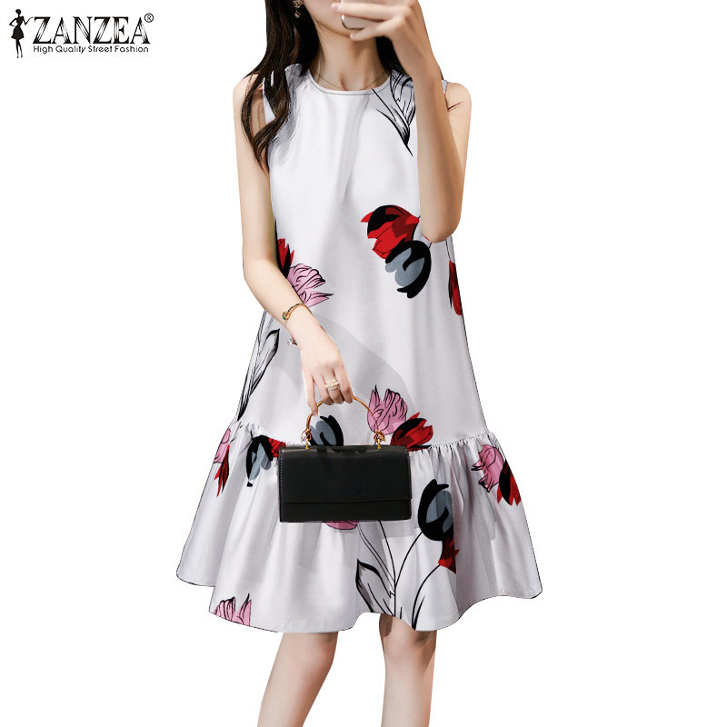 Zanzea ผู ้ หญิงเกาหลี Fishtail Ruffle Hem ชุดเดรสแขนกุดพิมพ ์ ลายดอกไม ้