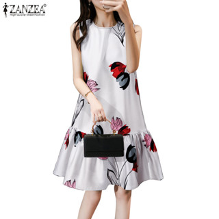 Zanzea ผู ้ หญิงเกาหลี Fishtail Ruffle Hem ชุดเดรสแขนกุดพิมพ…