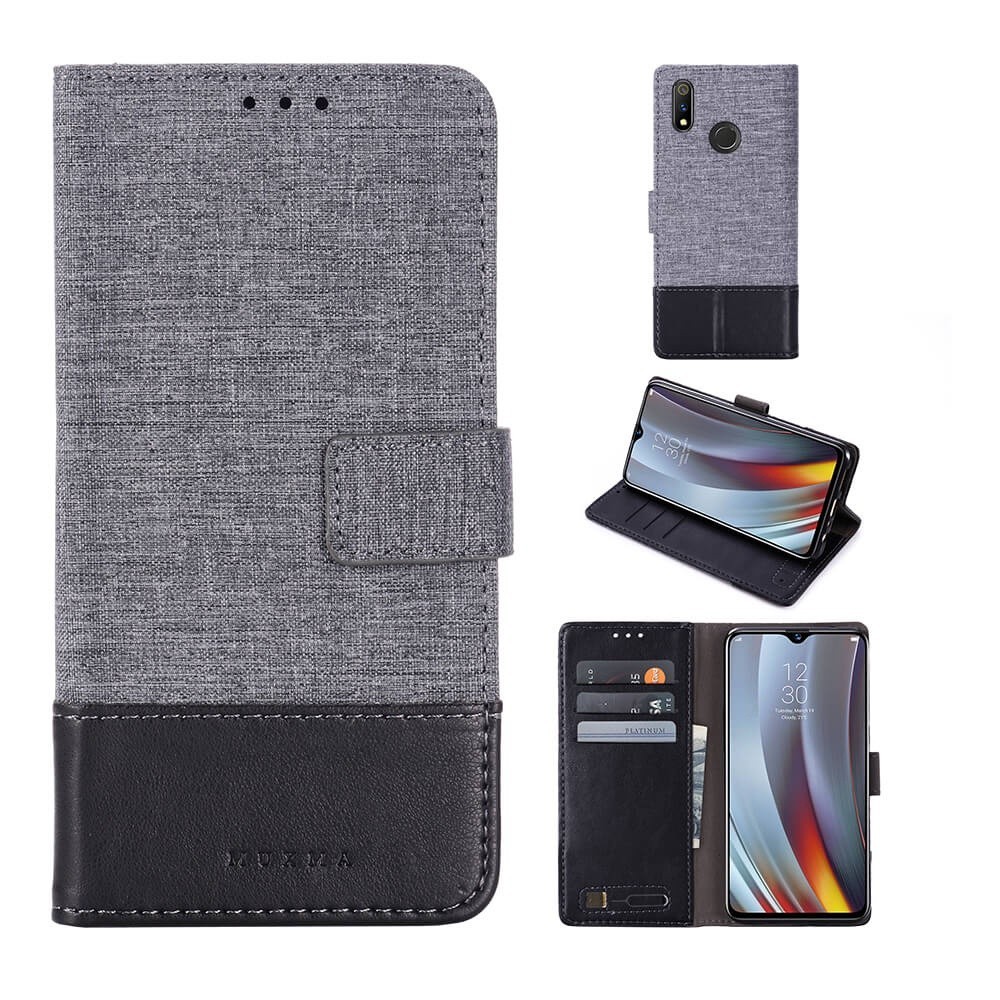 ㍿Flip Case Realme 3 Pro 2 Pro Canvas Leather Standable Wallet Flip Phone Cover With Card Slot Casing