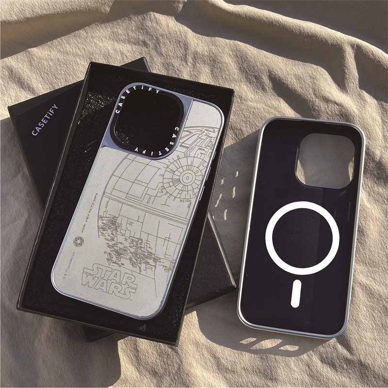Casetify X STAR WARS™ The Death Star แม่เหล็กดูด Sliver Matte Black IPhone Case IPhone 15 14 13 12 Pro Max Plus Hard Back Case Cover พร้อมกล่องแกะสลักโลโก้