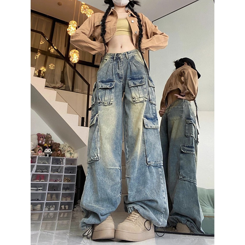American Loose Multi-Pocket Autumn Niche Tooling Design Feel Female Wide-Legอินเทรนด์กางเกงยีนส์ผู้หญิงRetro High Street BFRS