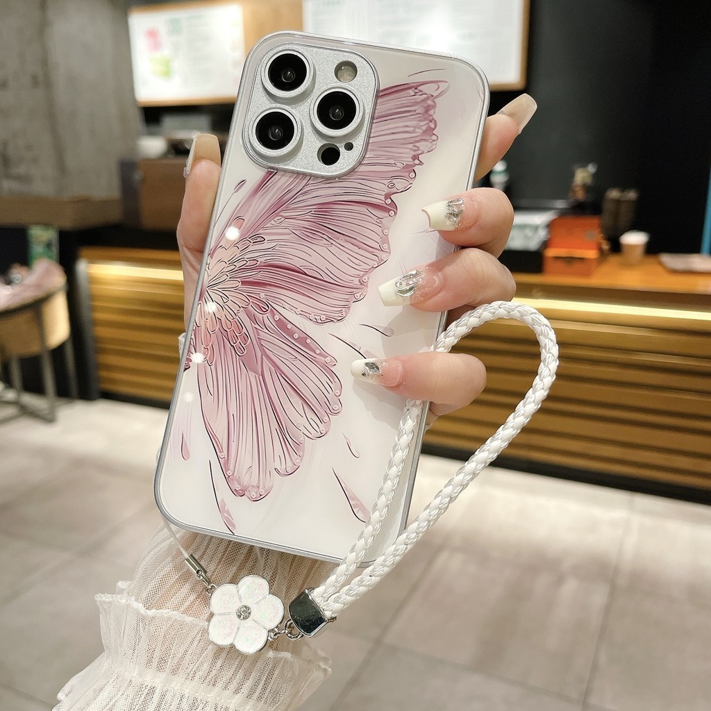 สําหรับ Vivo V30 5G V29 V27 V23 แก้วกลับนุ่มกรอบฝาครอบโทรศัพท์ Wiht สายคล้องมือ Gilded ผีเสื้อ V23e V20 V25Pro Y36 Y78