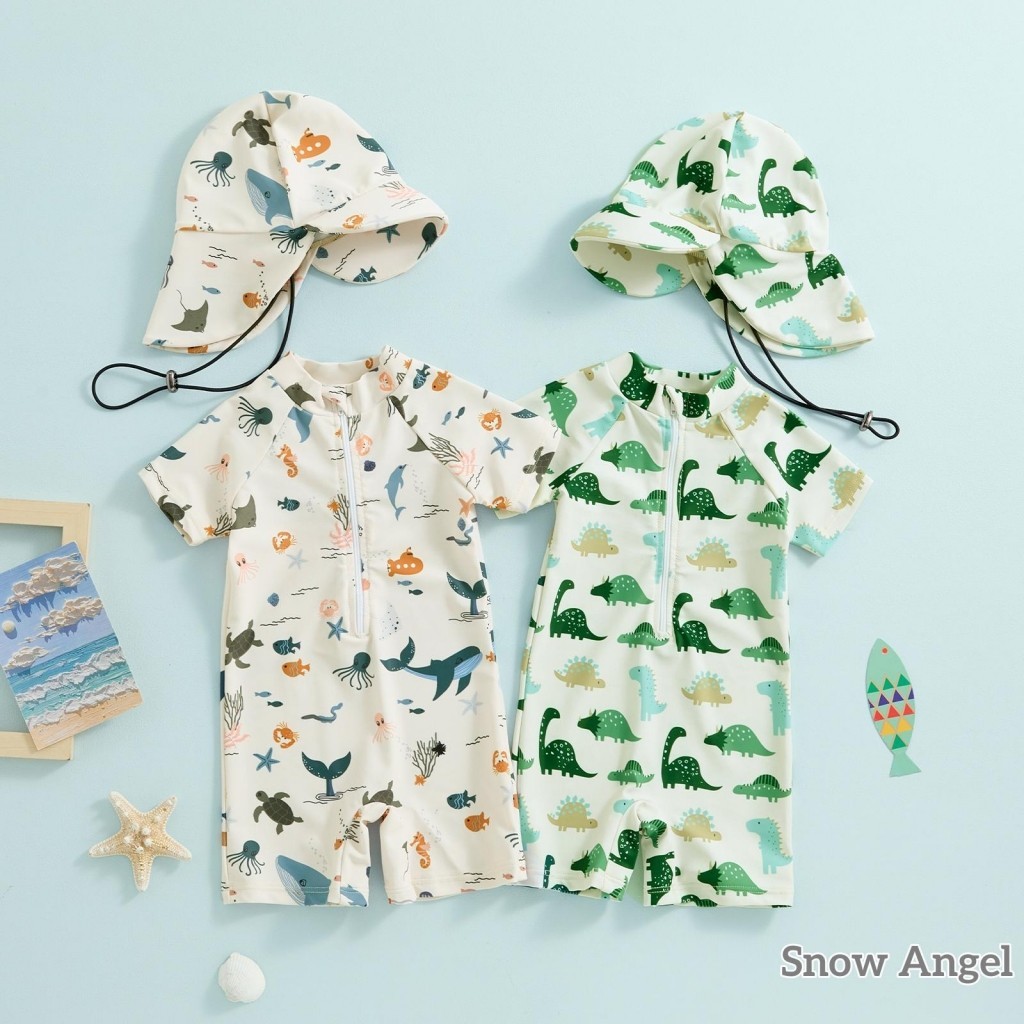 ​Toddler ชุดว่ายน้ําเด็กผู้ชายป้องกันแสงแดดแขนสั้น Crewneck พิมพ์สัตว์ซิปชุดว่ายน้ําพร้อมหมวก