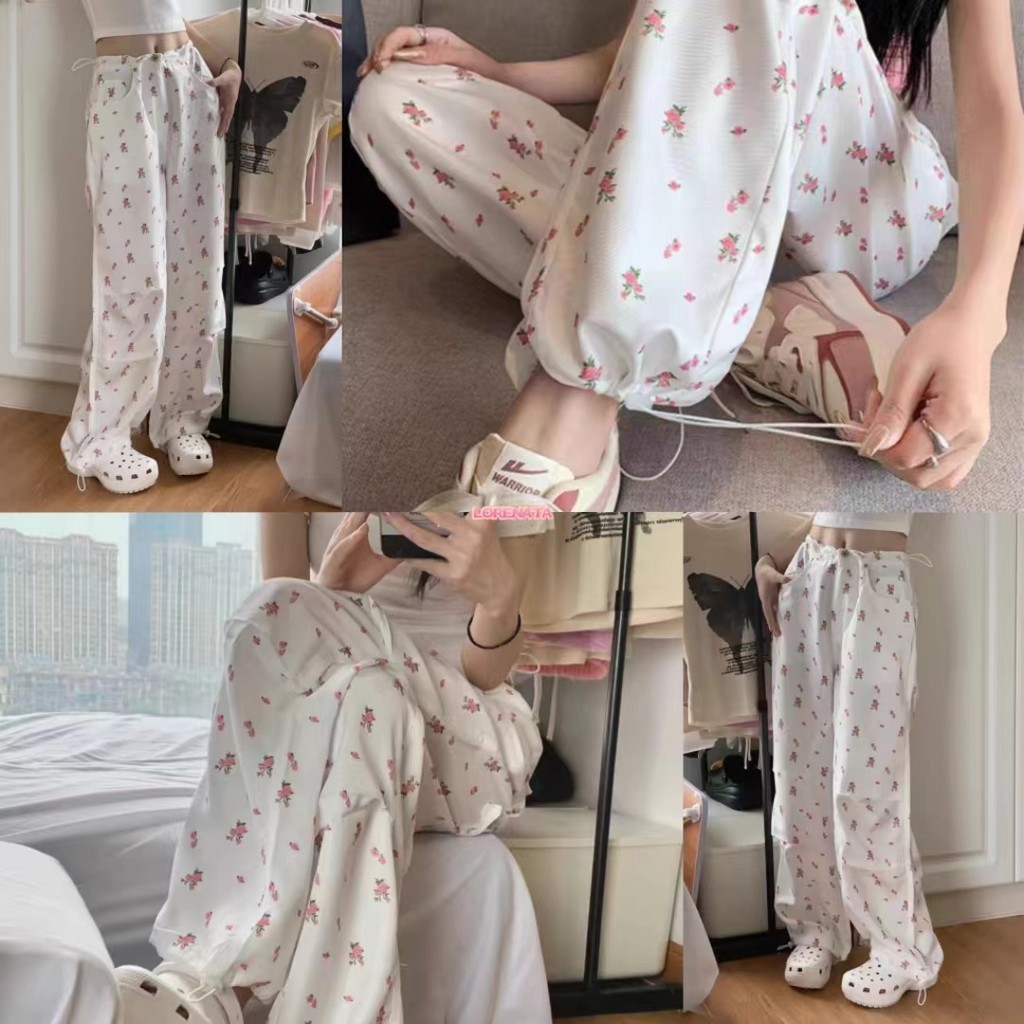（พร้อมที่จะจัดส่งในกรุงเทพ） ใหม่ กางเกงผู้หญิง ดอกไม้สีชมพู ปลายแขนเอวสูงสามารถกระชับได้ กางเกงฤดูร้อน（RR060）