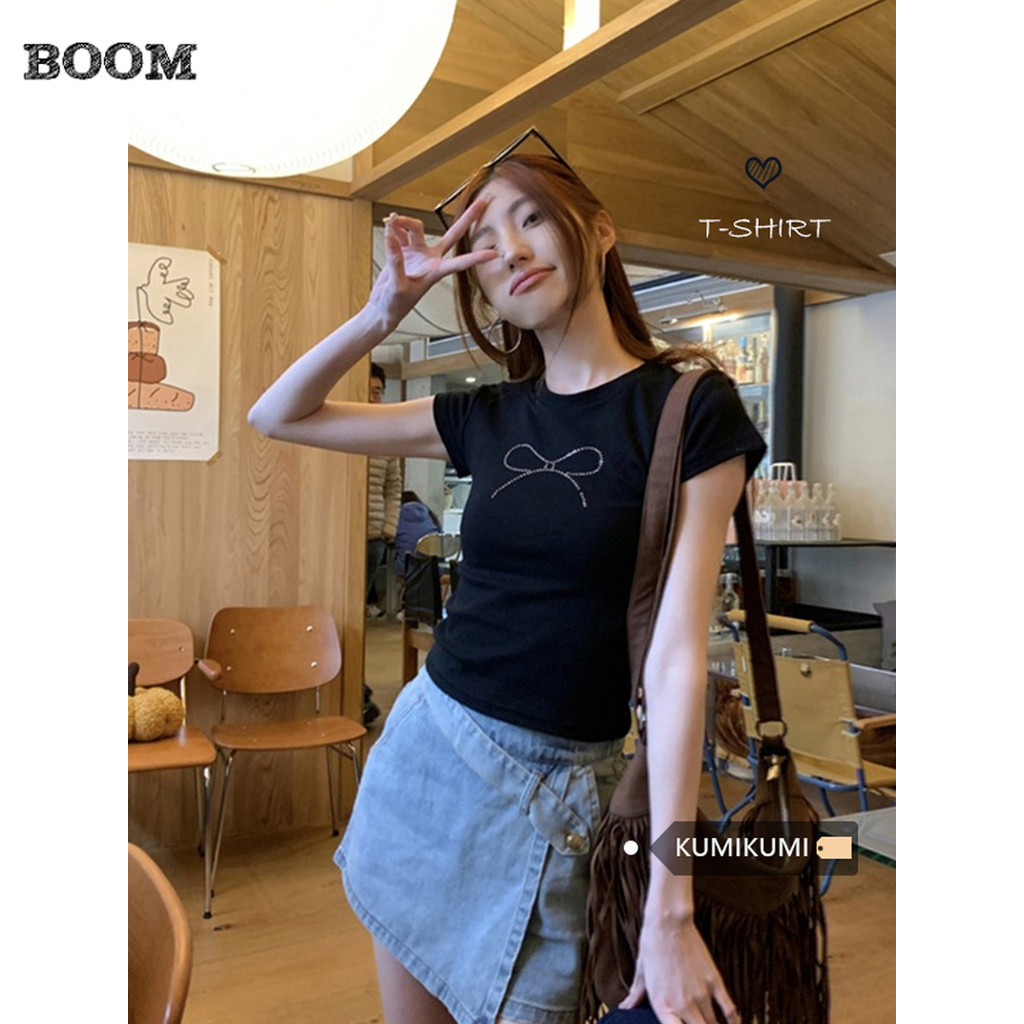(กรุงเทพจัดส่งสินค้า)BOOM Shop babytee โบว์แขนสั้นเสื้อยืดผู้หญิงบางพอดีด้านในและด้านนอกสวมเสื้อสั้น