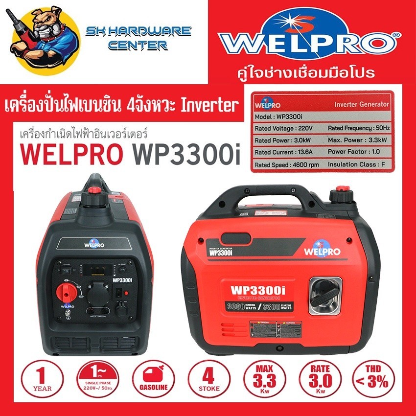เครื่องกำเนิดไฟ ปั่นไฟ ระบบ Inverter เสียงเงียบ น้ำหนักเบา กำลังไฟ 3000วัตต์ น้ำหนัก 21กิโลกรัม WELP