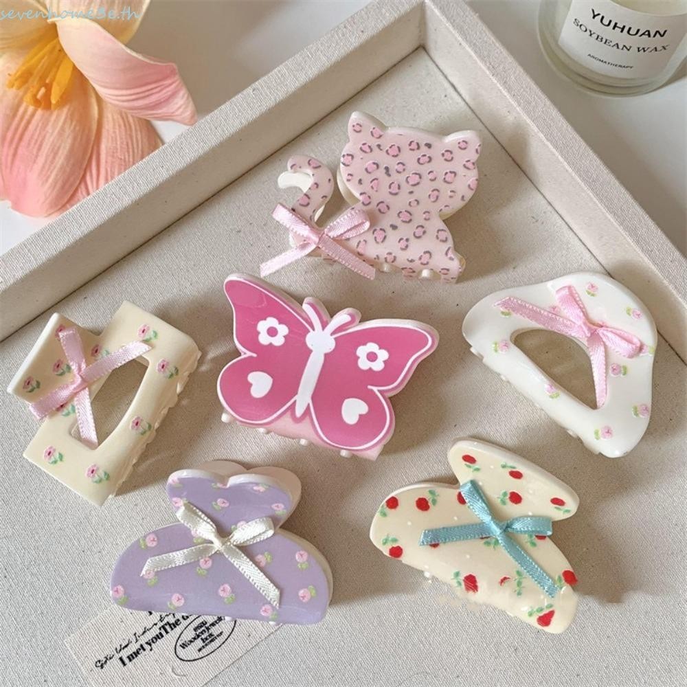 Sevenhome3e Bowknot Hair Claw, คลิปกรงเล็บแมวดอกไม้พลาสติก, แฟชั่น Y2k ริบบิ้น Hollow Bow Shark คลิปสาว