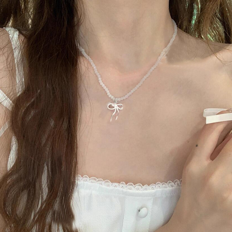 Roselife เกาหลีอินเทรนด ์ สีขาวคริสตัลลูกปัดโซ ่ โบว ์ จี ้ สร ้ อยคอผู ้ หญิงแฟชั ่ นวันหยุด Choker คอเครื ่ องประดับ