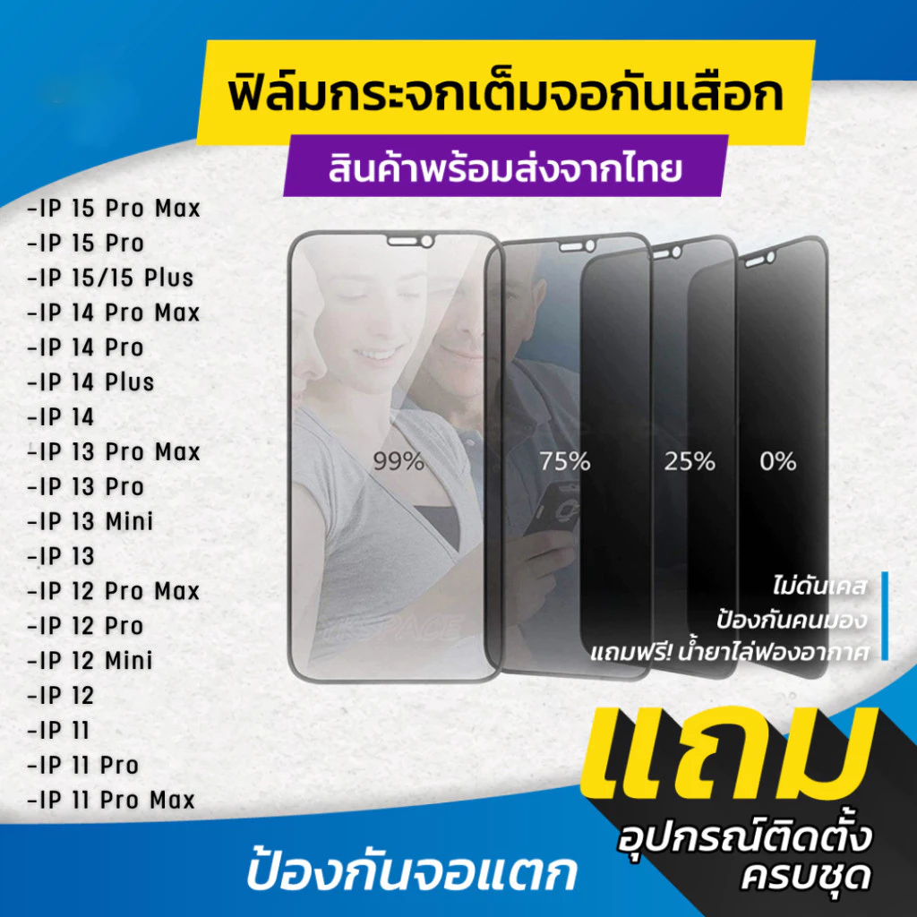 ฟิล์มกระจกนิรภัยกันเสือก สำหรับรุ่น For iPhone 17 16 15 Pro Max 11 14 12 13 Mini 6 7 8 Plus SE X XR XS Max ฟิล์มกันเสื