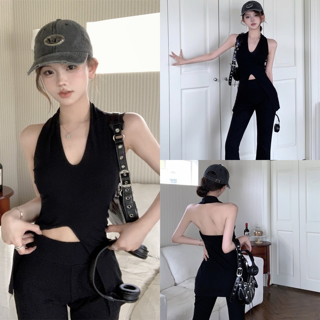 Anne เสื้อคล้องคอ ดีเทลเว้าหลังหน้า ผ้าร่อง เสื้อกล้ามผู้หญิง เซ็กซี่ #Y2622
