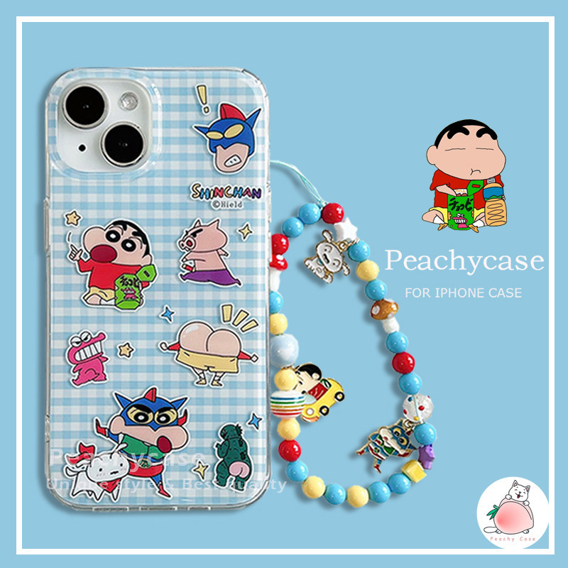 น ่ ารัก Crayon Shin-chan Superman สีฟ ้ าลายสก ๊ อตรูปแบบโทรศัพท ์ สําหรับ iPhone 15 14 13 12 Pro Max 15promax โทรศัพท ์ มือถือกันกระแทก IMD ปกหลังปลอก