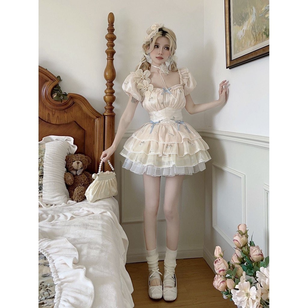 2024 ฤดูร ้ อนหวาน Ruffled บัลเล ่ ต ์ สไตล ์ Halter Bow Top หวาน Cool เค ้ กวันเกิดชุด B1Y5