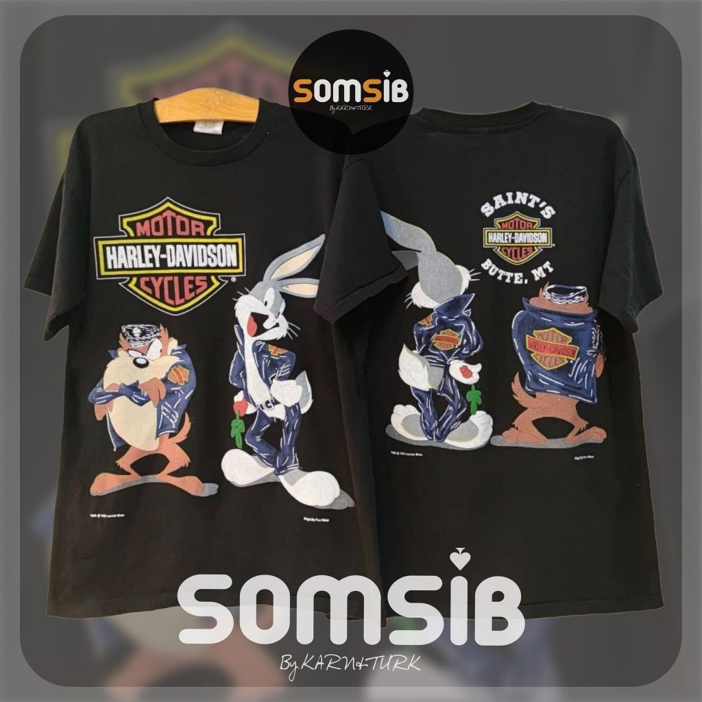 T-Shirtเสื้อ ผ้าฟอก Taz & Bugs Bunny Harley S-5XL