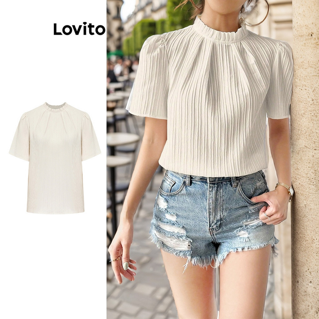 Lovito เสื้อเบลาส์ผู้หญิง ผ้าแจ็คการ์ด จับจีบ สีพื้น สไตล์ลำลอง L74ED076