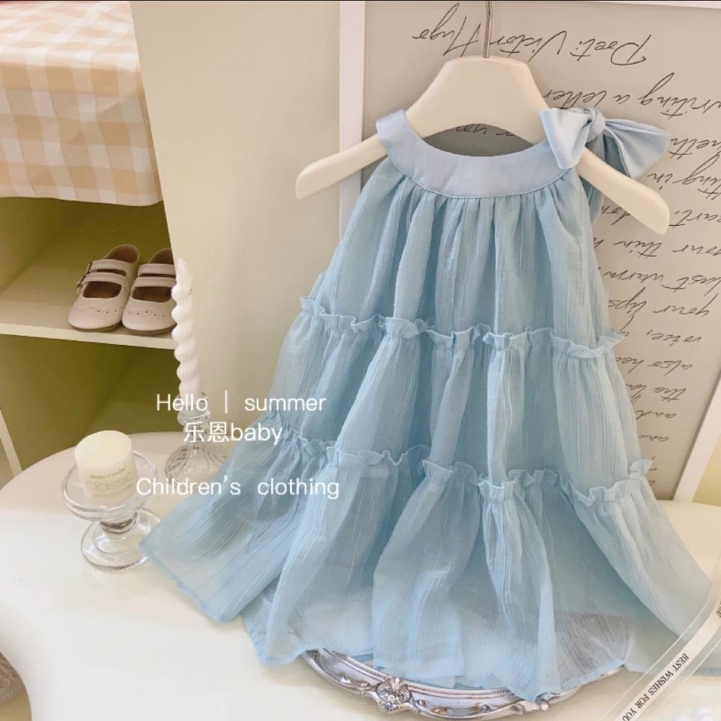 2024 สาวใหม ่ ฤดูร ้ อนชุดสีฟ ้ าเด ็ กหวานแขนกุดเจ ้ าหญิงต ่ างประเทศเสื ้ อกั ๊ กกระโปรงชุดเด ็ ก