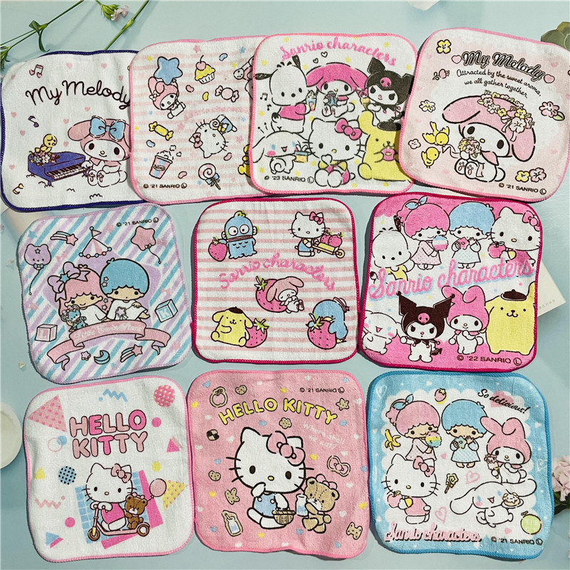 Sanrio เด็กการ์ตูนผ้าขนหนูสี่เหลี่ยมเล็ก 15X15 ผ้าขนหนูผ้าฝ้าย Kuromi My Melody Cinnamoroll Hello Kitty พิมพ์ผ้าเช็ดมือขนาดเล็กผ้าเช็ดหน้า