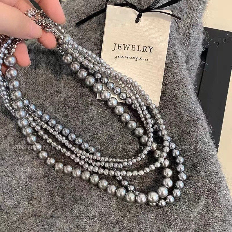 สร้อยคอมุกสีเทาป่านมุกขนาดเล็กสร้อยคอหญิงสร้อยคอกระดูกไหปลาร้าหญิง 2024 เครื่องประดับใหม่